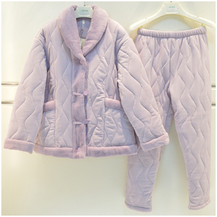 安之伴睡衣女冬季三层加厚贝贝绒夹棉青果领韩版时尚国风家居服套