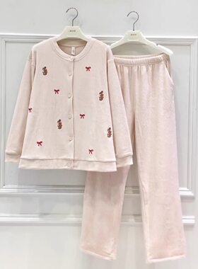 妮可雅甜美少女睡衣女2025秋冬季新品双面海岛绒圆领开衫家居服套