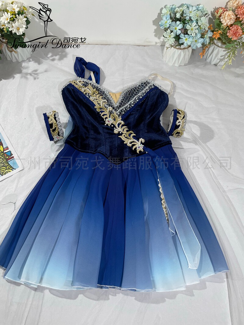 女童宝蓝色渐变色魔符女变奏GDC比赛演出服雪纺裙专业定制演出服