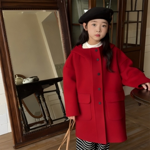2025新款羊毛双面羊绒呢大衣男童女童儿童带帽宽松外套冬季中大童