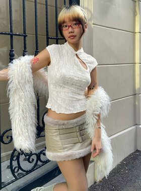 MSYOUCAN 千禧纯欲白色旗袍领镂空短袖T恤修身弹力蕾丝面料透上衣