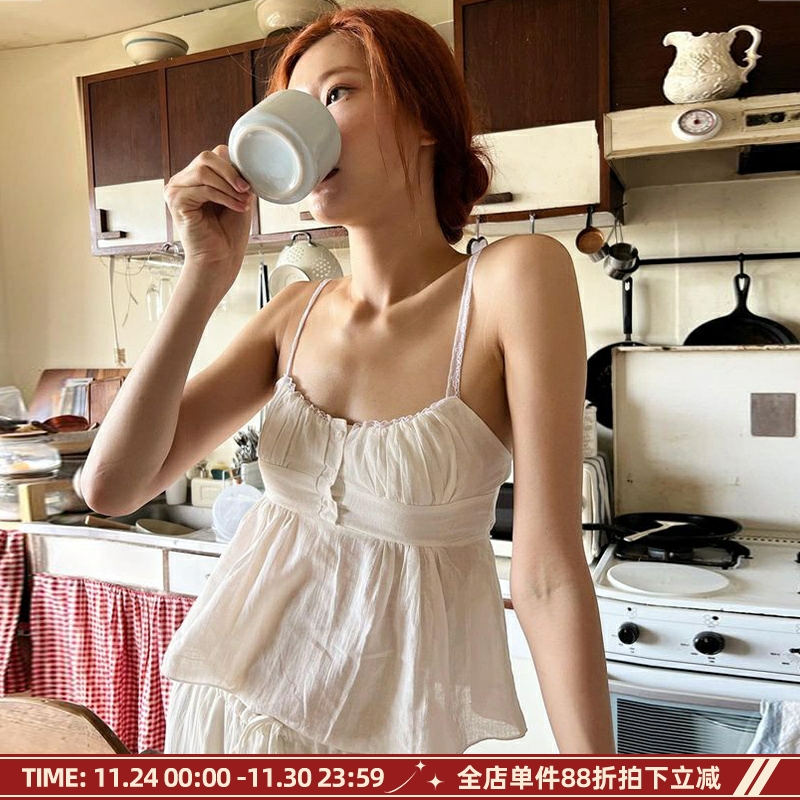 法式复古奶欲慵懒褶皱吊带背心