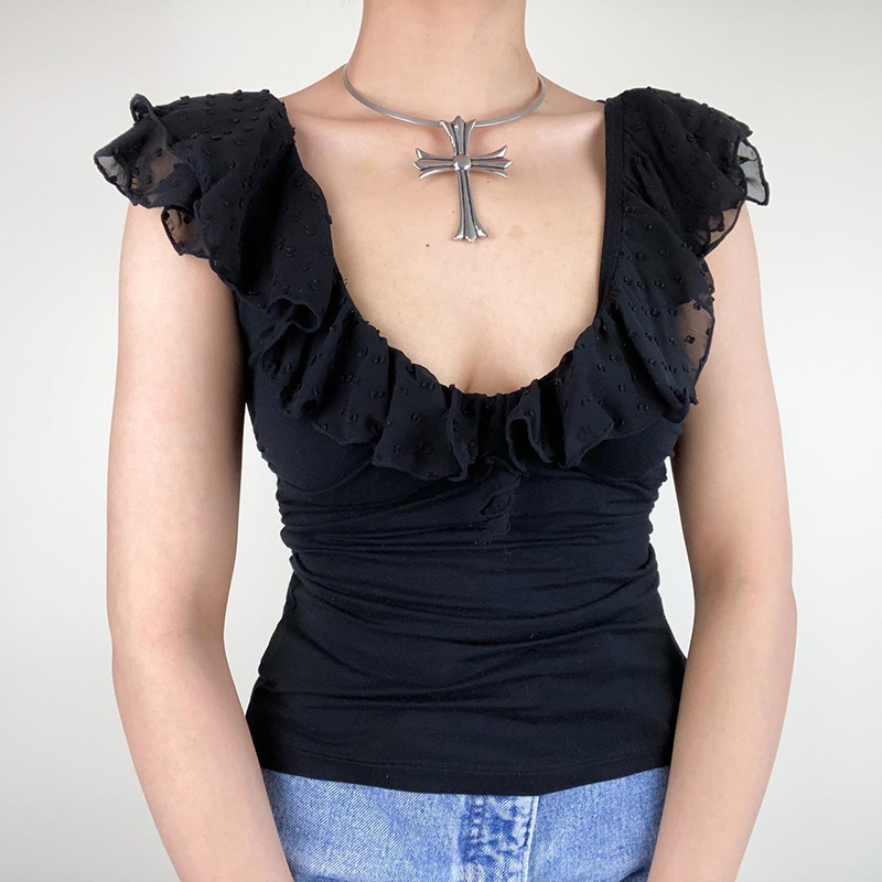 哥特魅影荷叶边褶皱低胸修身T恤