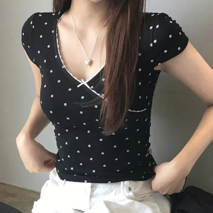 韩系纯欲深V领撞色波点花边T恤修身 MSYOUCAN 显瘦甜美百搭短上衣