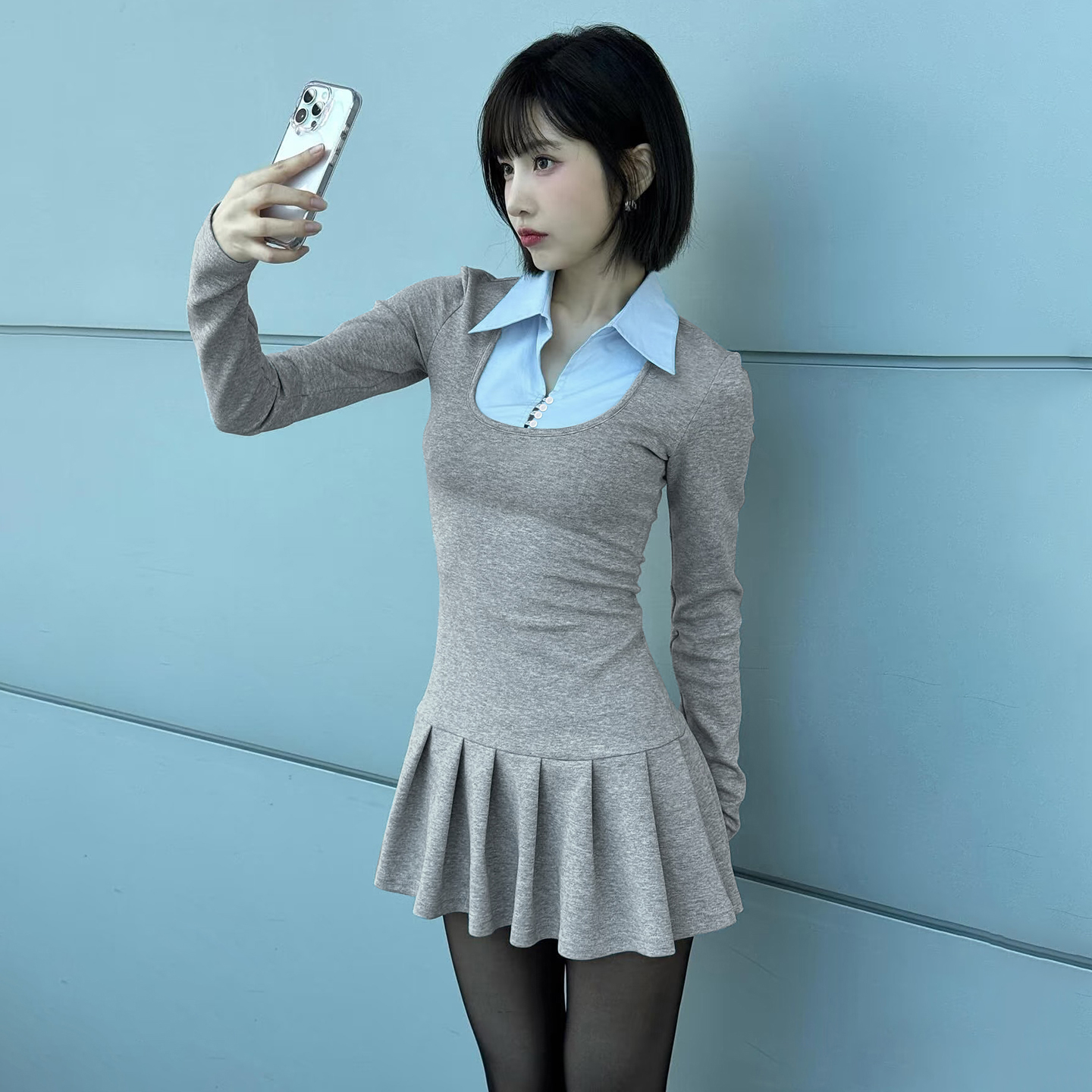 韩系学院撞色假两件衬衫领百褶裙