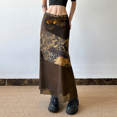 黄昏落叶拼接印花vintage半身裙