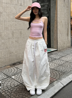 MSYOUCAN 甜酷街头风撞色数字刺绣宽松阔腿裤系带休闲辣妹直筒裤