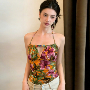 MSYOUCAN 复古油画风花卉印花挂脖吊带背心串珠设计小众辣妹上衣