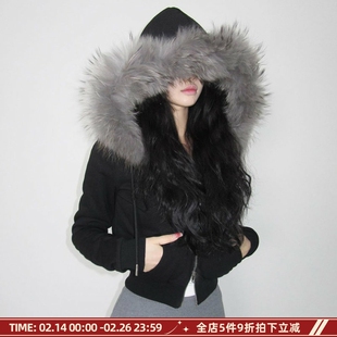 MSYOUCAN 韩系极简主义街头风撞色毛领外套双拉链连帽短夹克上衣