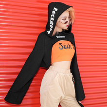 上衣女 ins欧美风超短款 带帽字母卫衣宽松嘻哈风hiphop露脐长袖