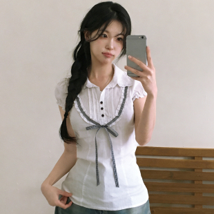 上衣 收腰显瘦泡泡袖 MSYOUCAN 乖巧甜妹学院风花边蝴蝶结翻领衬衫