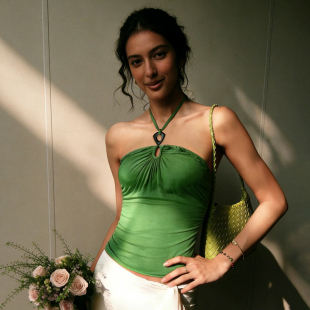 上衣 vintage辣妹无袖 MSYOUCAN 森绿流光木质扣挂脖吊带小背心修身