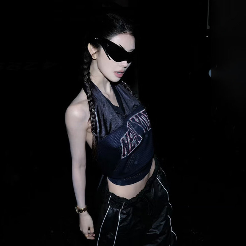 MSYOUCAN 欧美街头风字母印花运动挂脖背心网洞拼接露背绑带上衣