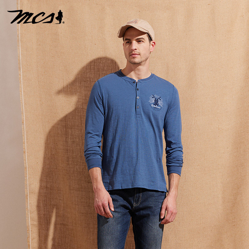 MCS万宝路男装亨利领100%棉薄款长袖T恤男士修身打底衫中年休闲服