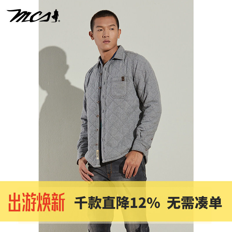 MCS万宝路男装合身版羊毛长袖衬衫外套冬季夹棉中年男士休闲衬衣