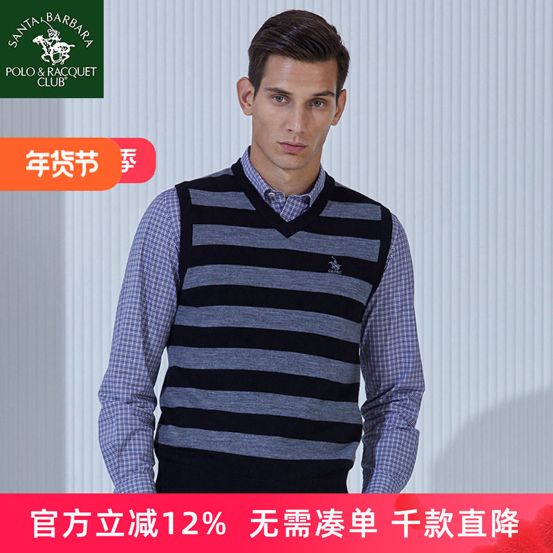圣大保罗秋冬商务羊毛背心男中年V领条纹大码无袖针织衫马甲坎肩