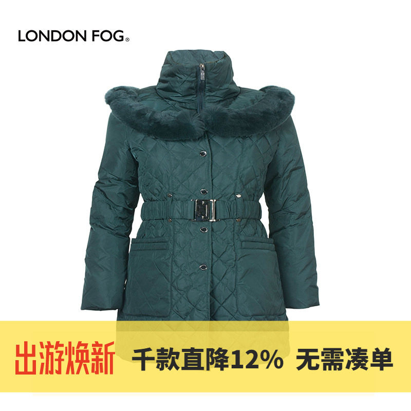 LONDON FOG/伦敦雾冬装女款中长款羽绒服濑兔毛领收腰显瘦外套女