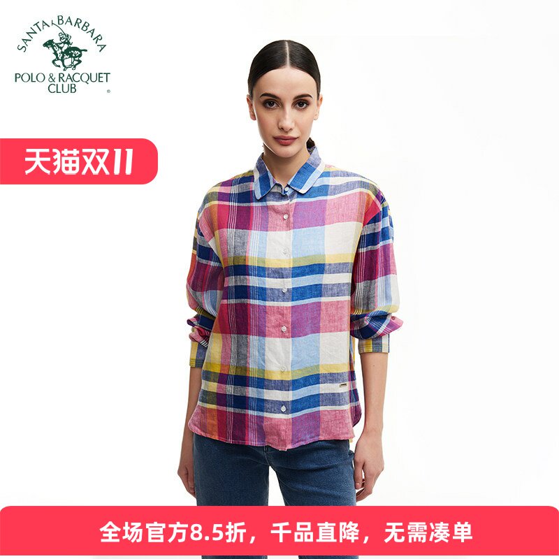 圣大保罗女款亚麻格子衬衫长袖