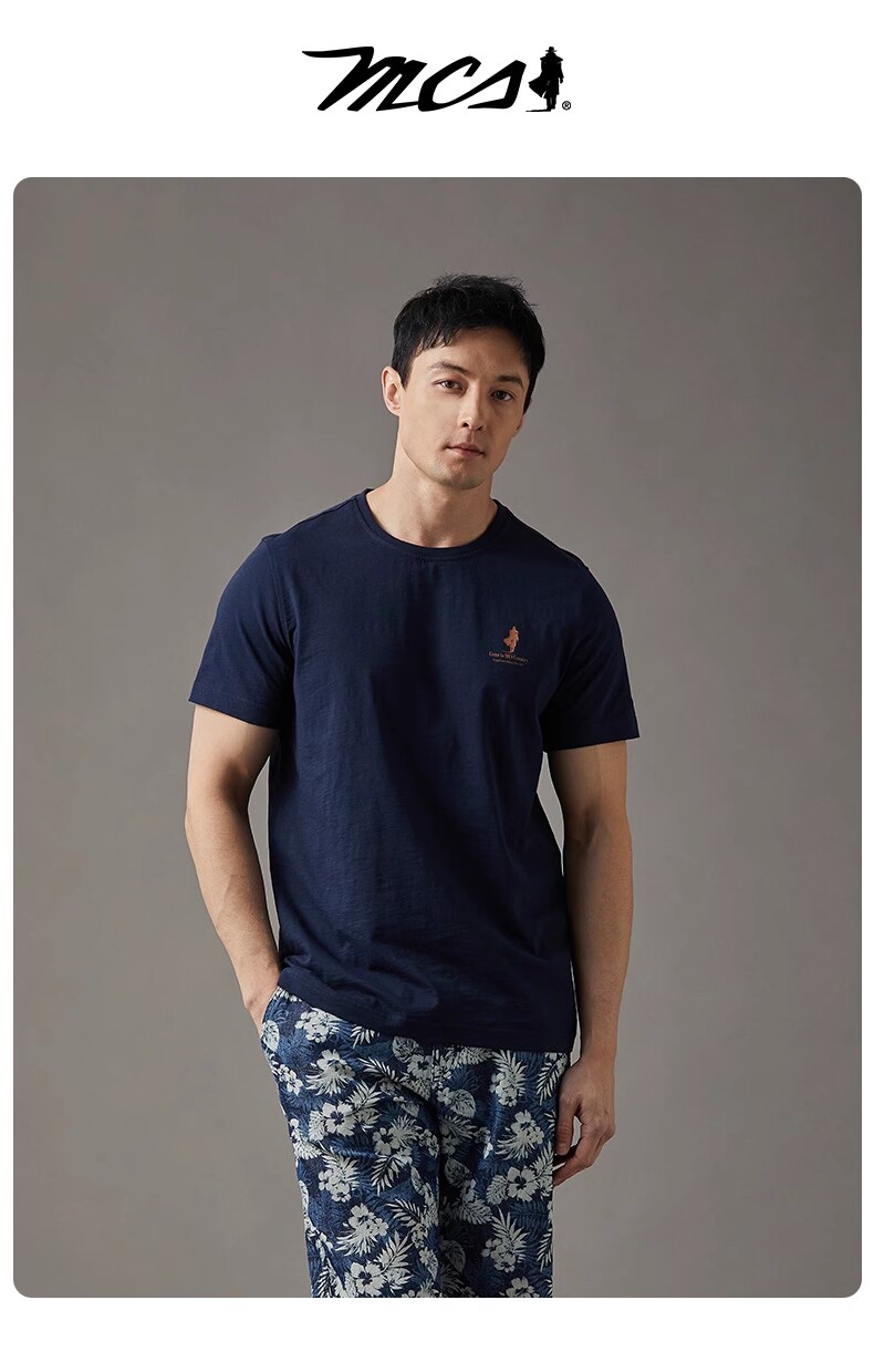 MCS万宝路男装合身版男装夏季时尚休闲薄款纯棉圆领透气短袖T恤衫