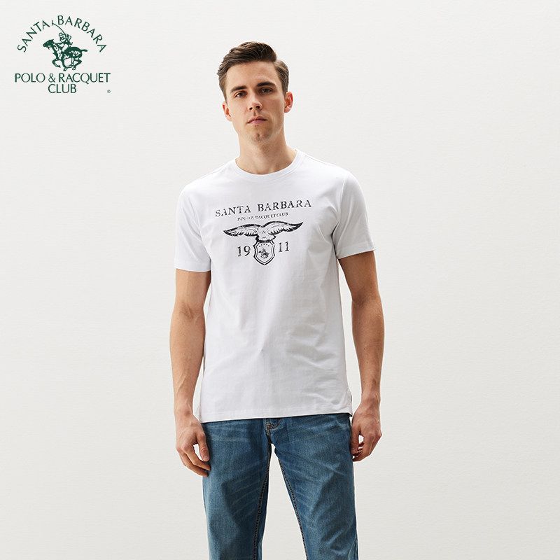 圣大保罗男装短袖圆领休闲风T恤夏季男士印花衫修身潮流显瘦微弹