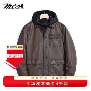MCS真皮夹克羊皮皮衣冬装连帽休闲百搭修身羽绒真皮保暖爸爸外套
