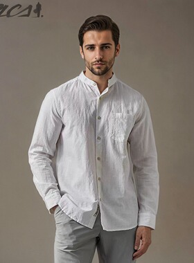 MCS万宝路正品男装春夏薄款休闲衬衣棉麻复古透气立领长袖衬衫男