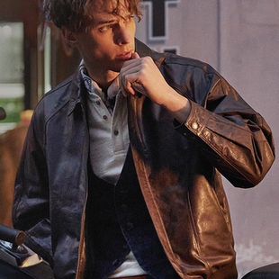 简约茄克衫 MCS男装 真皮皮衣秋冬翻领休闲百搭保暖外套上衣爸爸装