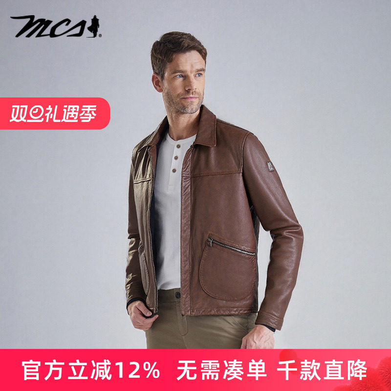 MCS秋冬男装褪色牛皮工装款皮衣