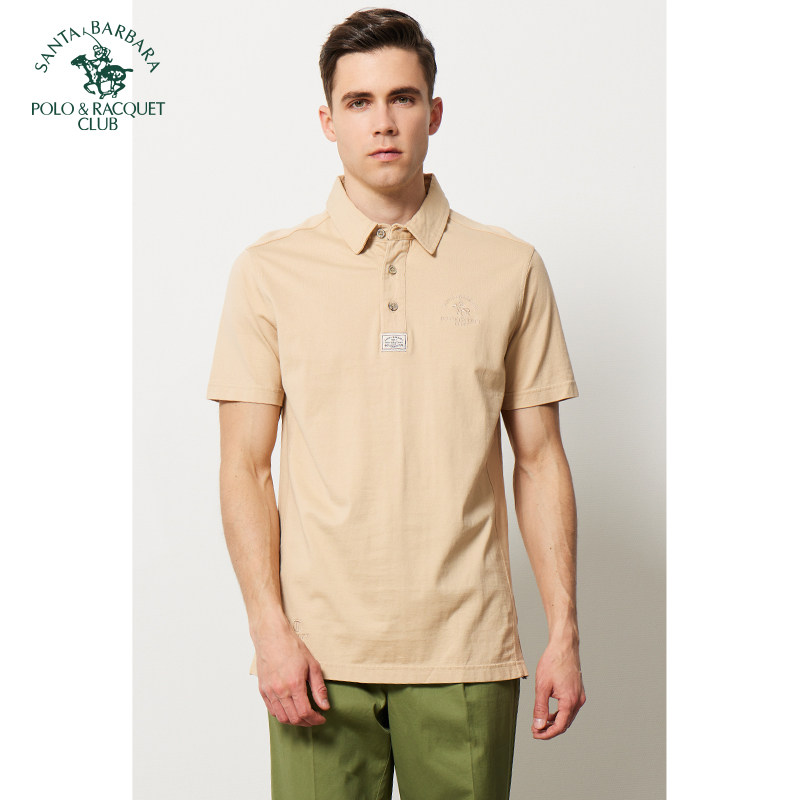 圣大保罗男装全棉梭织领中年父亲装净色休闲短袖T恤夏季体恤衫男