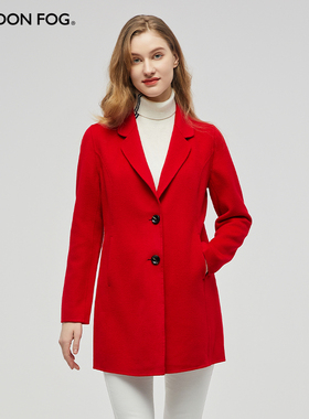 LONDON FOG/伦敦雾红色翻领毛呢大衣女中长通勤简约百搭休闲外套