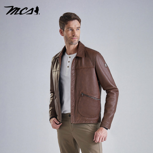 MCS秋冬男装褪色牛皮工装款皮衣