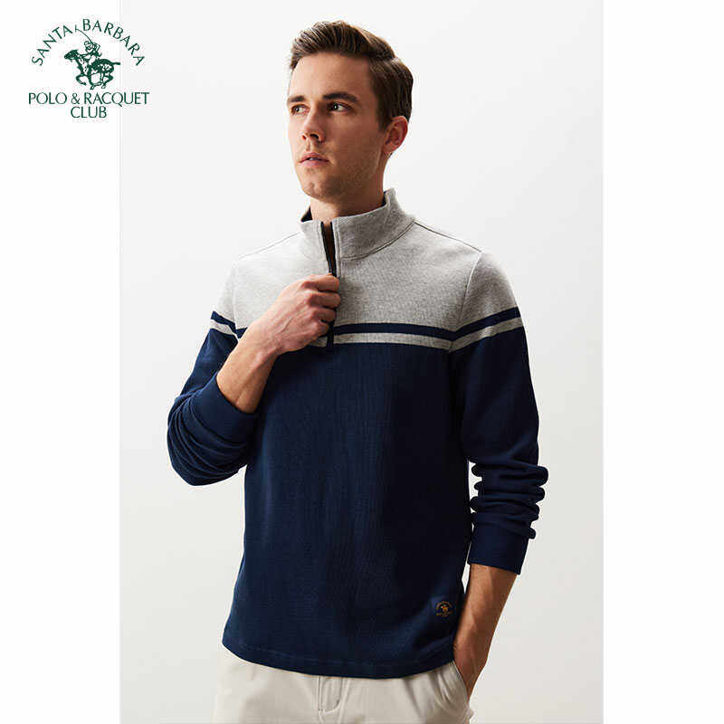 圣大保罗春秋季男士新款樽领拼接撞色加厚纯棉合身版时尚长袖T恤