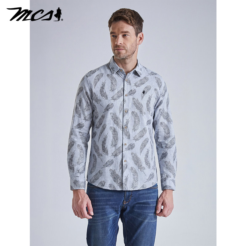 MCS男士纯棉长袖衬衫印花羽毛显瘦商务休闲潮流透气衬衣春夏薄款