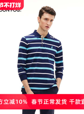 LONDON FOG/伦敦雾男士长袖T恤POLO衫春夏休闲翻领上衣条纹体恤男