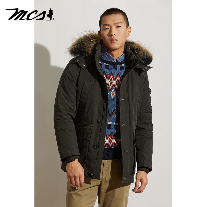 MCS男装羽绒服毛领中长款保暖休闲冬装外套鸭绒服中年父亲装防寒
