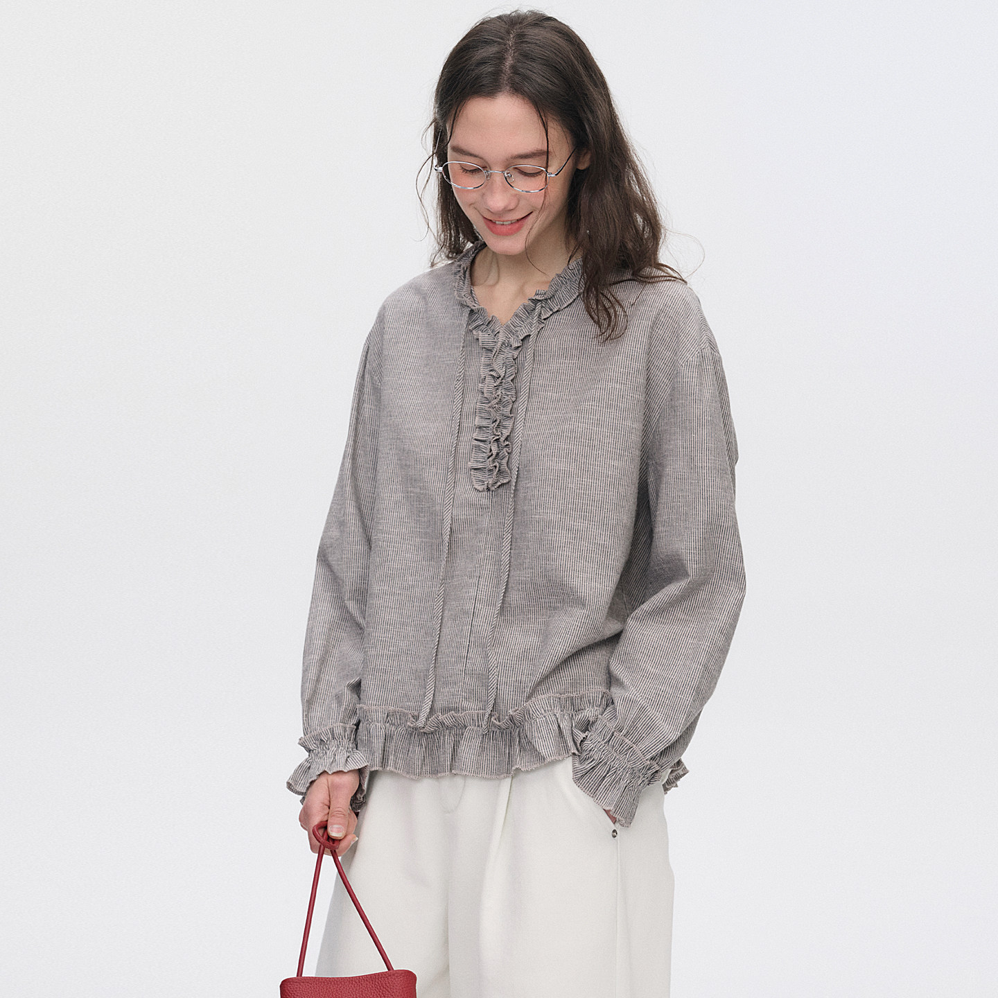 DIGBUTY花影札记'2026独特超好看衬衫女法式棉麻v领春长袖荷叶边