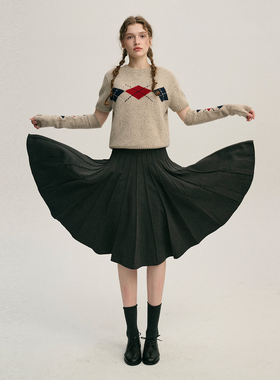 DIGBUTY夏洛克手稿'法式羊毛半身裙百褶女秋冬百搭显瘦A字伞裙