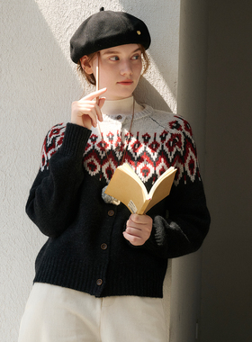 DIGBUTY'爱尔兰毛衣'羊毛费尔岛风开衫慵懒复古毛衣针织提花圆领