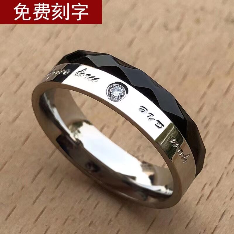 时尚镶钻个性男士戒指环单身黑色食指日韩钛钢饰品刻字潮人霸气