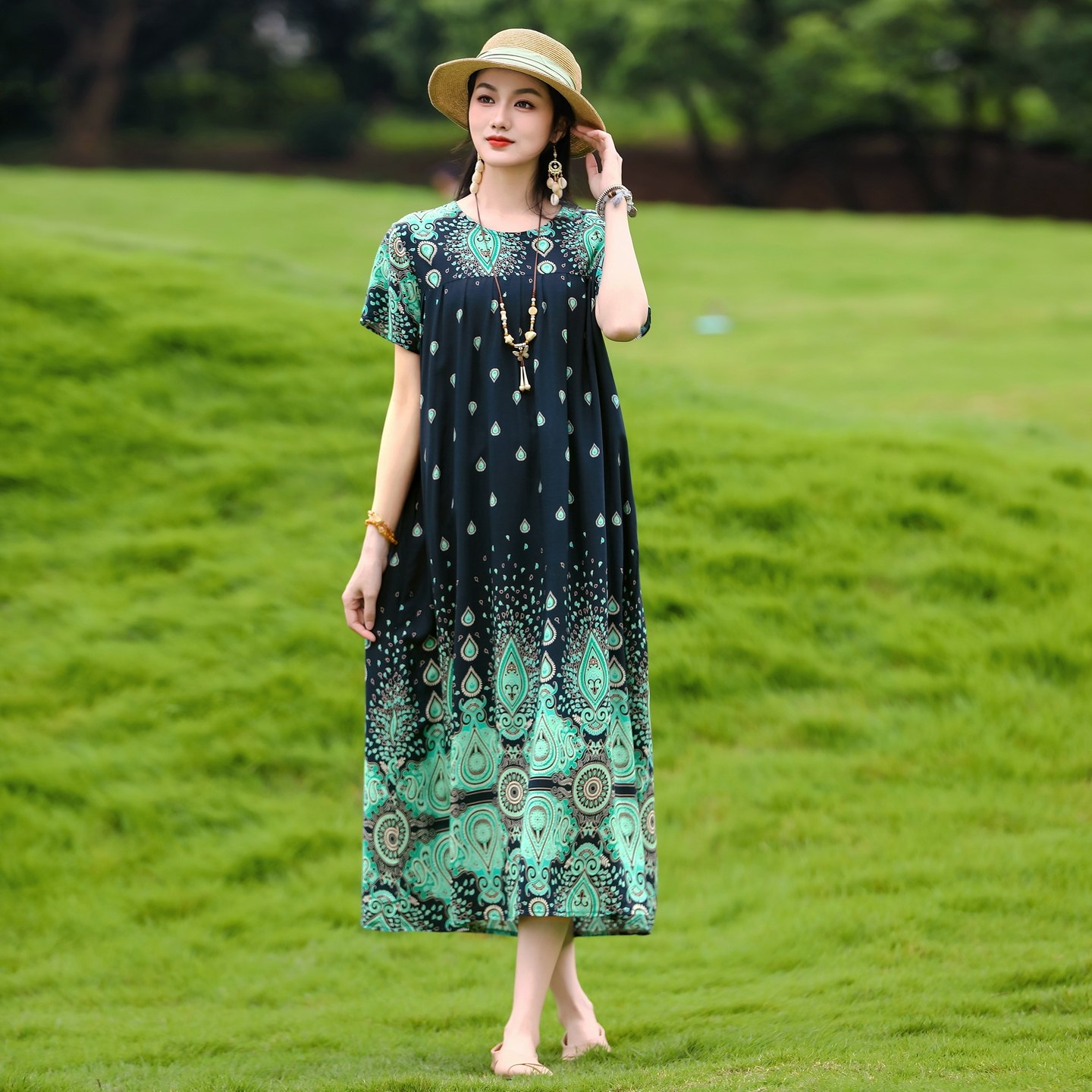 中老年棉绸连衣裙女夏季短袖高端大气上档次睡衣大码外穿妈妈睡裙图片