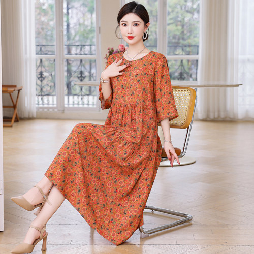 棉绸连衣裙女夏季薄款大码宽松家居服睡衣休闲中老年妈妈绵绸睡裙