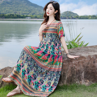 宽松短袖 夏季 民族风复古妈妈睡衣大码 薄款 睡裙 纯棉绸连衣裙女长款