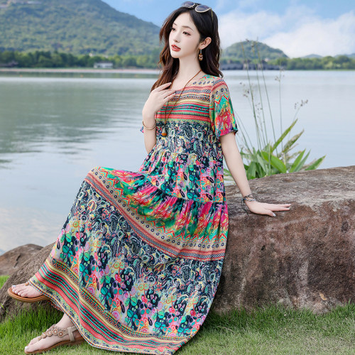 夏季薄款棉绸连衣裙女长款民族风