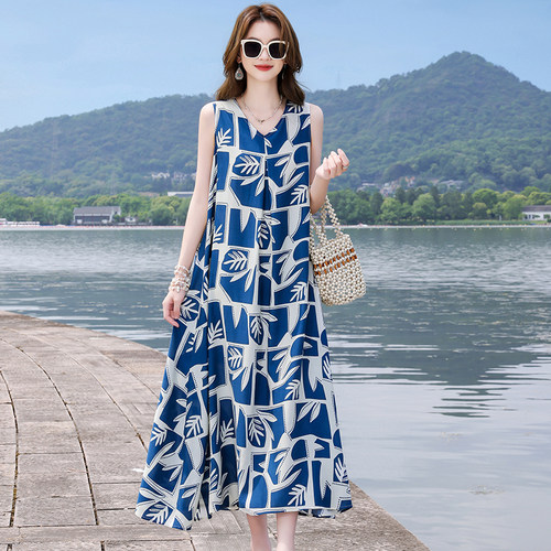夏季人造棉连衣裙女长款时尚洋气家居服睡衣大码高级感棉绸睡裙