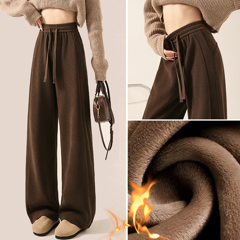 咖色窄版阔腿裤女春秋冬季高腰直筒运动休闲美拉德小个子加绒裤子