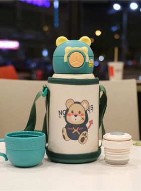 儿童熊头保温杯带吸管双用小学生水杯子316不锈钢幼儿园宝宝水壶