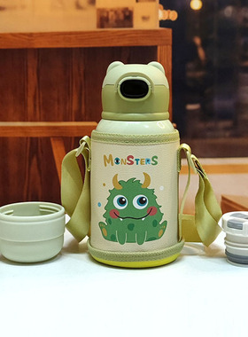 幼儿园宝宝卡通儿童不锈钢弹跳保温杯带吸管两用便捷熊头水杯水壶