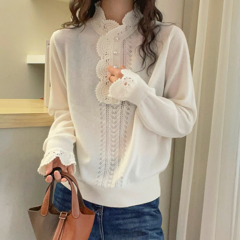 欧货100%全羊毛手工镂空钩花温柔风重工长袖针织花边领套头毛衣女
