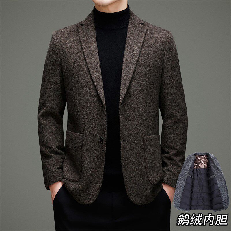 男士羊毛西装商务通勤百搭大码男装冬季加厚毛呢外套鹅绒内胆西服