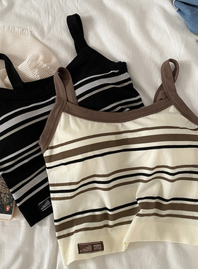 美式条纹小吊带性感辣妹外穿内搭显瘦背心固定一体杯百搭打底上衣